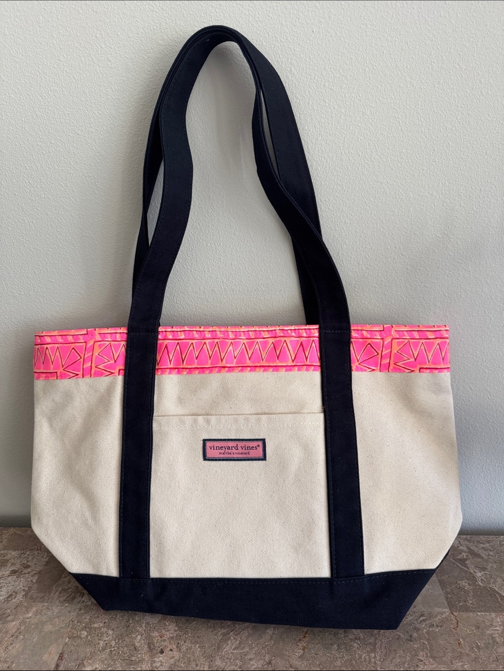 Vineyard Vines Cream Canvas Tote with Pink Trim and Black Straps